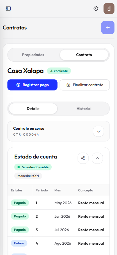 Vista móvil de contratos y pagos en SoyVivoo